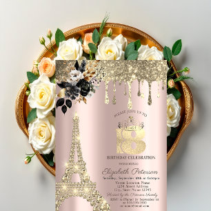 Schwarze Rose Eiffelturm Gold Tropfen Sweet 18 Einladung