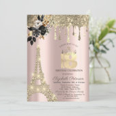 Schwarze Rose Eiffelturm Gold Tropfen Sweet 18 Einladung (Stehend Vorderseite)