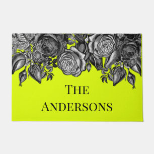 Schwarze Rose Familienname Electric Lime Green Fußmatte