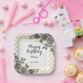 Schwarze Rose Flora Gold und Weiß Checkered Geburt Pappteller (Party)