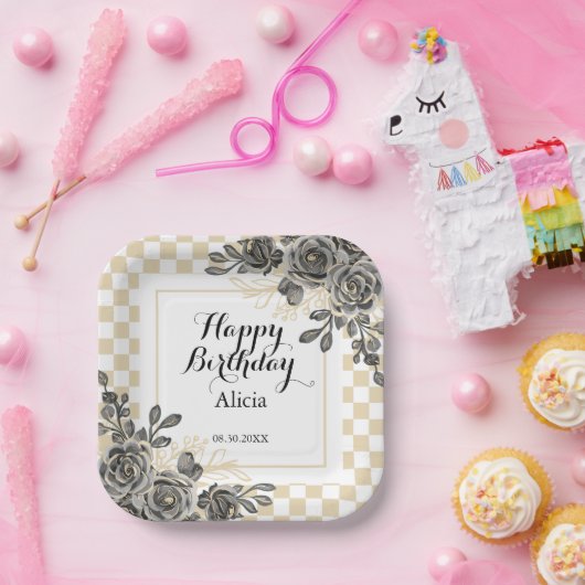 Schwarze Rose Flora Gold und Weiß Checkered Geburt Pappteller (Party)