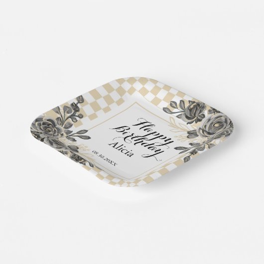 Schwarze Rose Flora Gold und Weiß Checkered Geburt Pappteller (Gewinkelt)