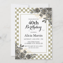 Schwarze Rose Flora Sage & White Checkered Geburts Einladung