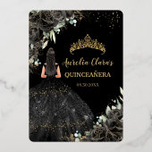Schwarze Rose Floral Quinceañera Quince 15 XV Gold Folieneinladung (Rückseite)