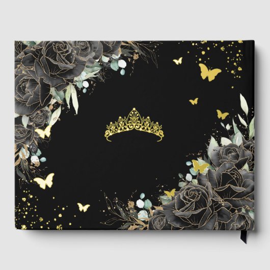 Schwarze Rose Floral Quinceañera Quince 15 XV Gold Gästebuch (Rückseite)