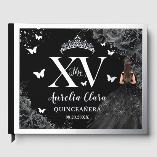 Schwarze Rose Floral Quinceañera Quince 15 XV Silb Gästebuch (Vorderseite)