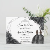 Schwarze Rose Floral Twins XV Silver Quinceañera Save The Date (Stehend Vorderseite)