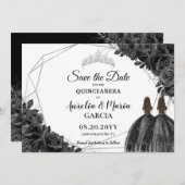 Schwarze Rose Floral Twins XV Silver Quinceañera Save The Date (Vorne/Hinten)
