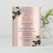 Schwarze Rose Glitzer Rose Gold 80. Geburtstag Einladung (Stehend Vorderseite)