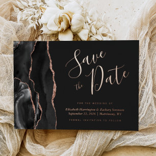 Schwarze Rose Gold Agate Dark Save the Date Folieneinladung