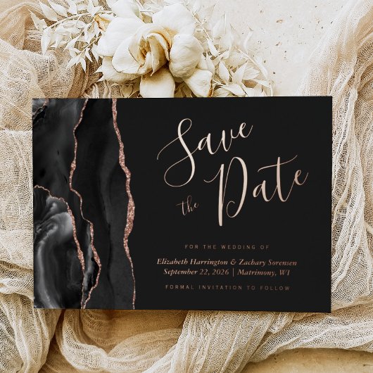 Schwarze Rose Gold Agate Dark Save the Date Folieneinladung