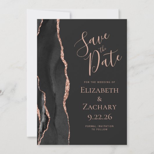 Schwarze Rose Gold Agate Foto Dunkel Save the Date Einladung (Vorderseite)