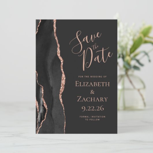 Schwarze Rose Gold Agate Foto Dunkel Save the Date Einladung (Stehend Vorderseite)