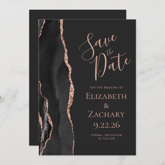 Schwarze Rose Gold Agate Foto Dunkel Save the Date Einladung (Vorne/Hinten)