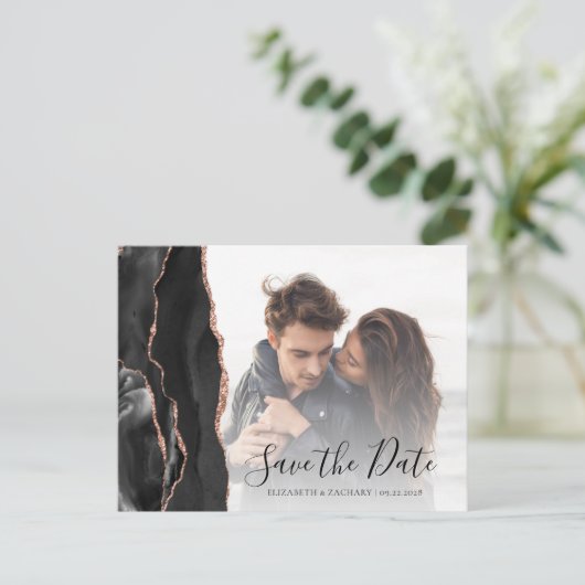 Schwarze Rose Gold Agate Foto Save the Date Postka Postkarte (Stehend Vorderseite)