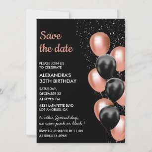 Schwarze Rose Gold Ballon 30. Save-the-Date-Karte  Einladung
