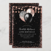 Schwarze Rose Gold Ballon leuchtet jedes Alter Geb Einladung (Vorne/Hinten)