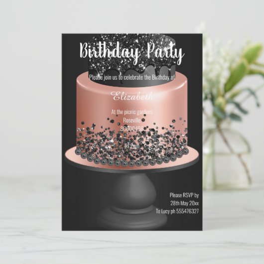 SCHWARZE ROSE GOLD CAKE GEBURTSTAG EINLADUNG (Stehend Vorderseite)