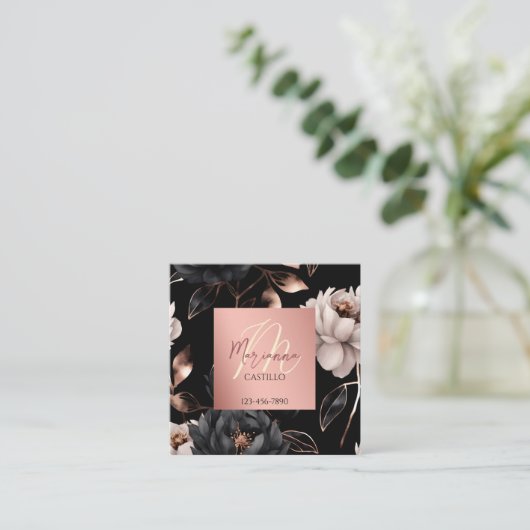 Schwarze Rose Gold Chic Blume Vorlage qr Quadratische Visitenkarte (Stehend Vorderseite)