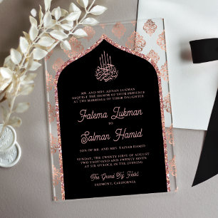 Schwarze Rose Gold Damast Bogen Muslimische Hochze Acryleinladungen