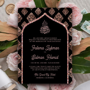 Schwarze Rose Gold Damast Bogen Muslimische Hochze Einladung