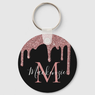 Schwarze Rose Gold Faux Glitter Tropfen Monogramm Schlüsselanhänger