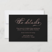 Schwarze Rose Gold Foil Script Hochzeitsdetails Ca RSVP Karte (Vorderseite)