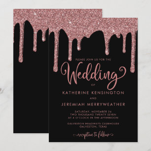 Schwarze Rose Gold Glam Glitter Hochzeit Einladung