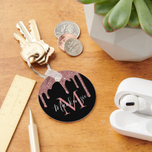 Schwarze Rose Gold Glitter-Tropfen Monogramm Schlüsselanhänger