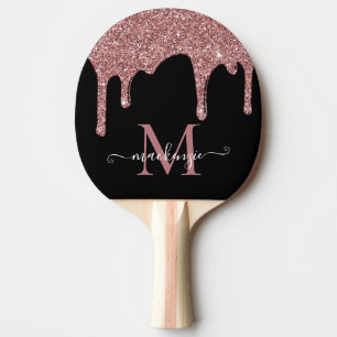 Schwarze Rose Gold Glitter Tropfen Monogramm Tischtennis Schläger