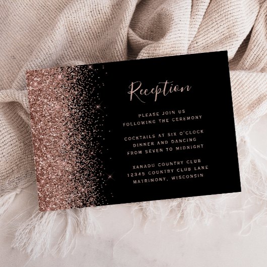 Schwarze Rose Gold Glitzer Edge Hochzeitsempfang Begleitkarte