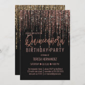 Schwarze Rose Gold Glitzer Fringe Vorhang Quinceañ Einladung (Vorne/Hinten)
