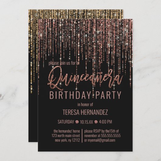 Schwarze Rose Gold Glitzer Fringe Vorhang Quinceañ Einladung (Vorne/Hinten)