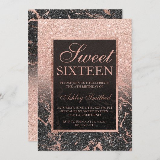 Schwarze Rose Gold Glitzer Marmor schick Sweet 16 Einladung (Vorne/Hinten)