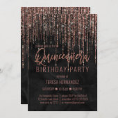 Schwarze Rose Gold Glitzer Pearl Marble Quinceañer Einladung (Vorne/Hinten)