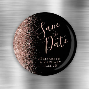 Schwarze Rose Gold Glitzer Script Save the Date Magnet