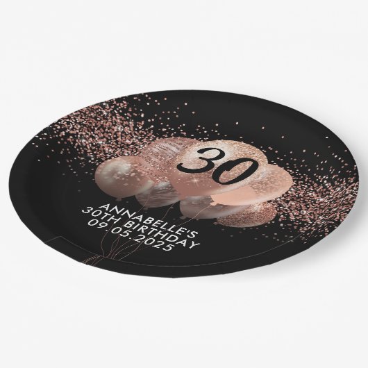 Schwarze Rose Gold Glitzer Sparkone Ballon Geburts Pappteller (Schrägansicht)