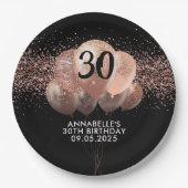 Schwarze Rose Gold Glitzer Sparkone Ballon Geburts Pappteller (Vorderseite)