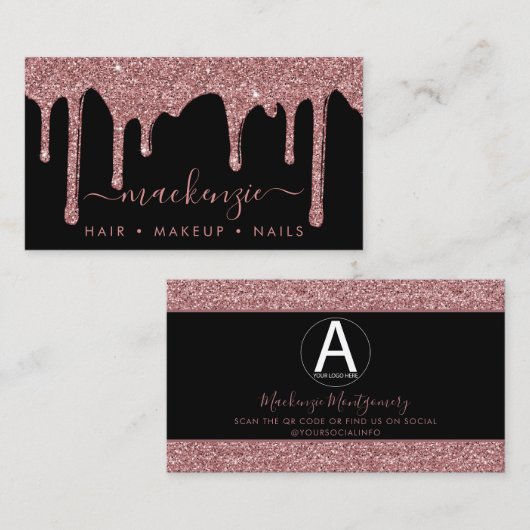Schwarze Rose Gold Glitzer Tropfen Business-Logo Visitenkarte (Vorne/Hinten)