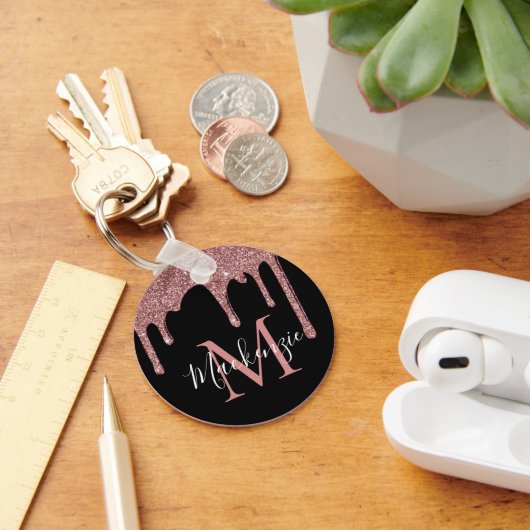 Schwarze Rose Gold Glitzer Tropfen Monogram Schlüsselanhänger (Schreibtisch)