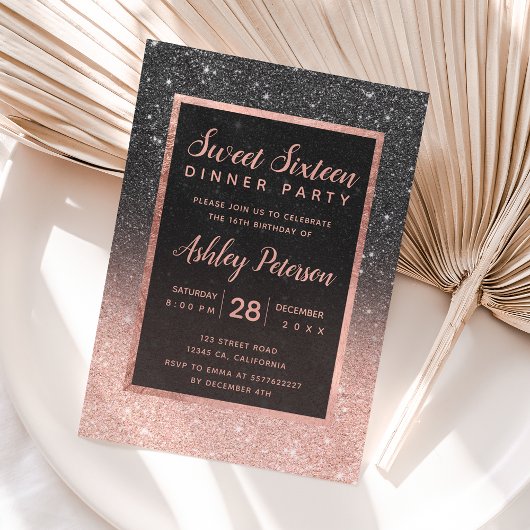 Schwarze Rose Gold Glitzer Typografie Sweet 16 Einladung