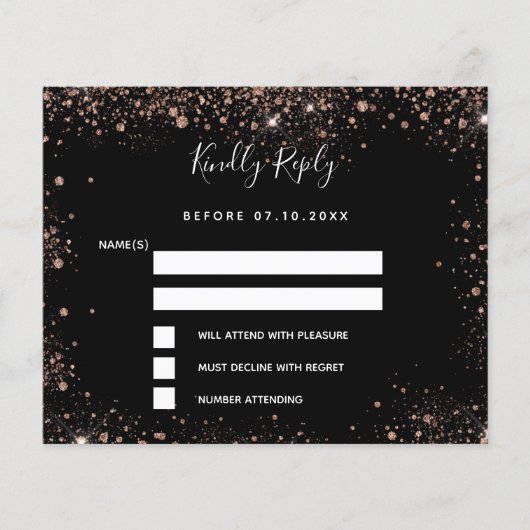 Schwarze Rose Gold Glitzern Budget Hochzeit RSVP Flyer (Vorne)