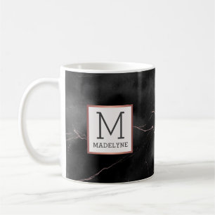 Schwarze Rose Gold Moderne Marmorschmuck Monogram Kaffeetasse