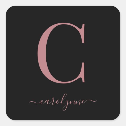 Schwarze Rose Gold Monogram Elegant Schrift Quadratischer Aufkleber (Vorderseite)