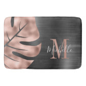 Schwarze Rose Gold Palm Leaf Monogram Badematte (Vorderseite)