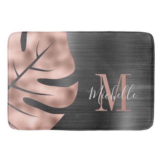 Schwarze Rose Gold Palm Leaf Monogram Badematte (Vorderseite)