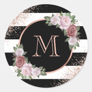 Schwarze Rose Gold Rosa Florales Monogramm Runder Aufkleber