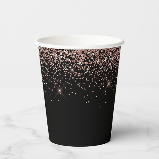 Schwarze Rose Gold Rosa Glitzer Monogram Pappbecher (Rückseite)