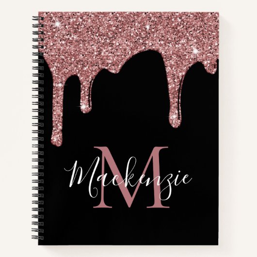 Schwarze Rose Gold Sparkle Glitzer Tropfen Monogra Notizblock (Vorderseite)