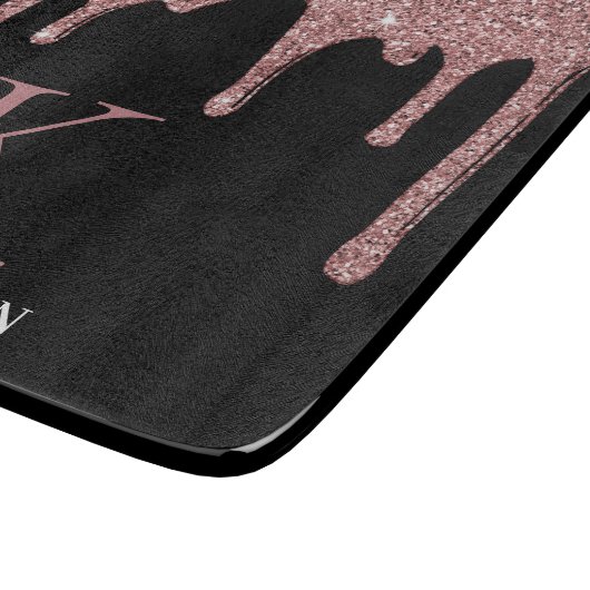 Schwarze Rose Gold Sparkle Glitzer Tropfen Monogra Schneidebrett (Ecke)